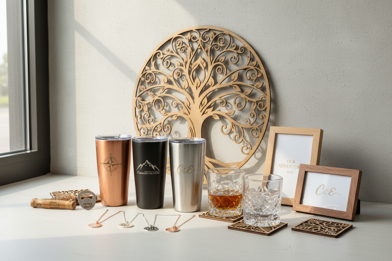 A variety of laser engraved items like wooden wall decor, tumblers, whiskey glasses, necklaces, bottle openers, wooden coasters, picture frames